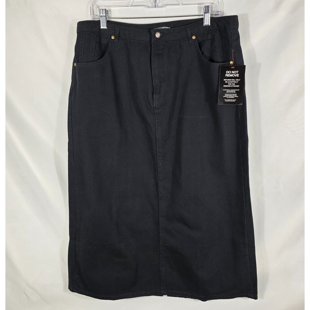 Jessica Long Black Denim Midi Skirt Women's Size 14W Zip Button Front NEW